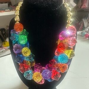 Multicolor Chunky Bead Statement Necklace with Gold Accents